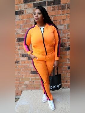 Women's Orange Two-Piece Track Set with Pink & Black Stripe